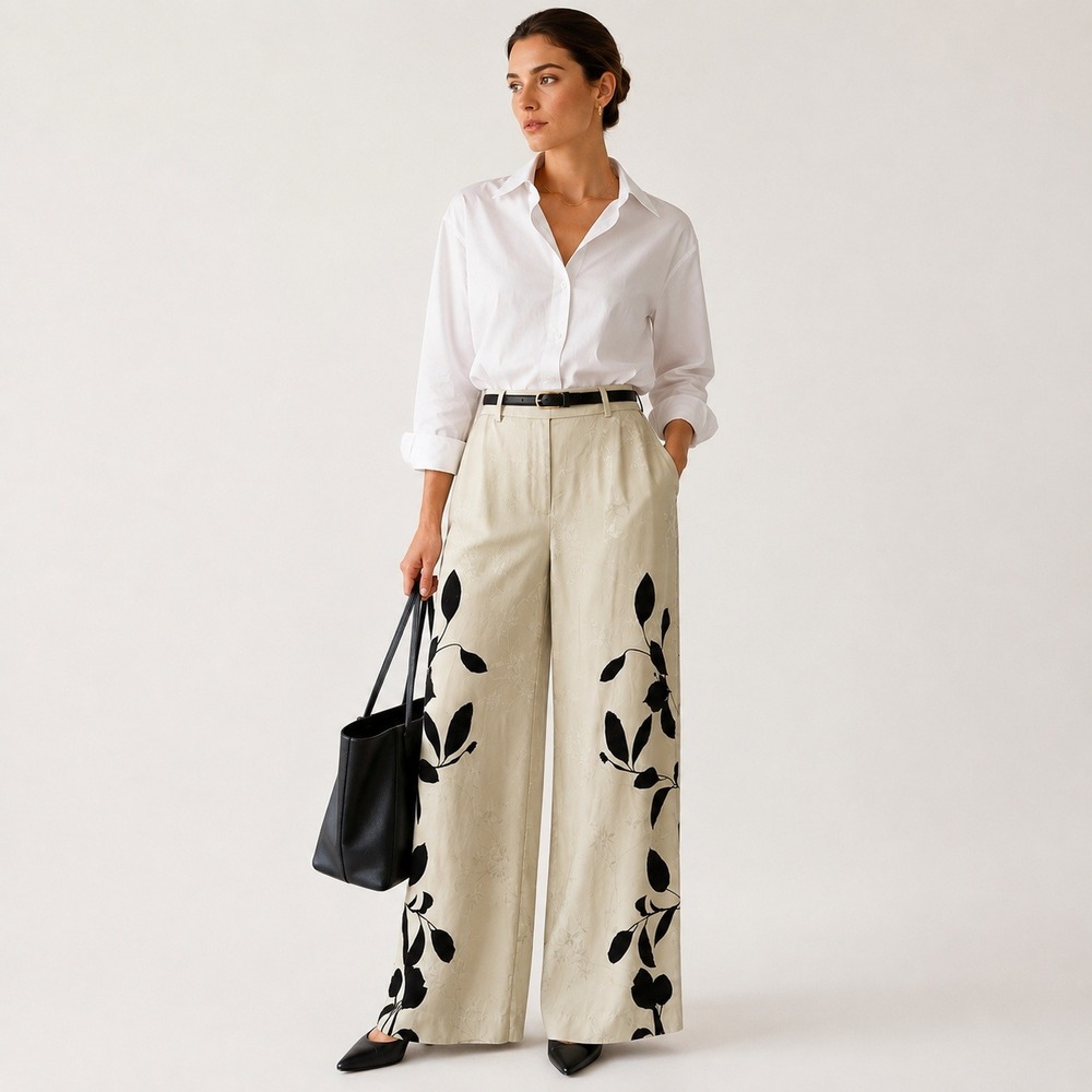 Reiss Delilah Wide Leg Pants Womens 6R Ivory Black Floral Leaf Trousers Office
